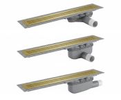 Purus Line Living Plus 800mm Linear Drain, Vinyl Floor, PVD Brushed Brass Chess Design Grid – Outlet Choice