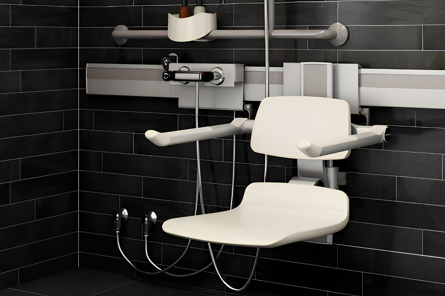 Contemporary adjustable shower seat in an accessible wet room