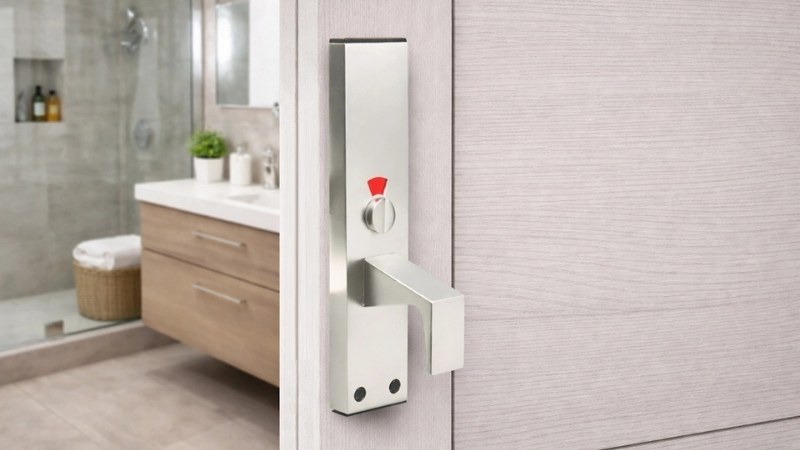 Accessible bathroom door with large lock control and emergency-release fittings