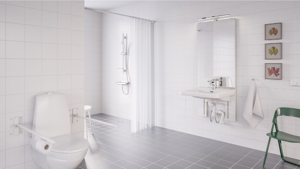 Granberg electric height adjustable washbasin in a contemporary accessible bathroom